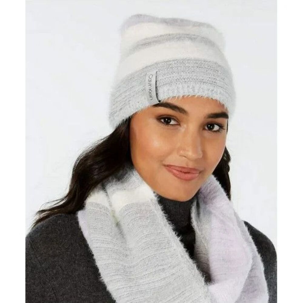 Calvin Klein Gray & Lavender Fuzzy Knit Beanie Hat & Infinity Scarf Set NWOT